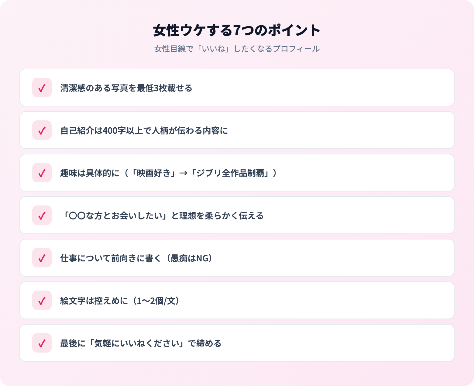 マッチングアプリのプロフィール書き方いいね3倍の例文付き | 解説画像
