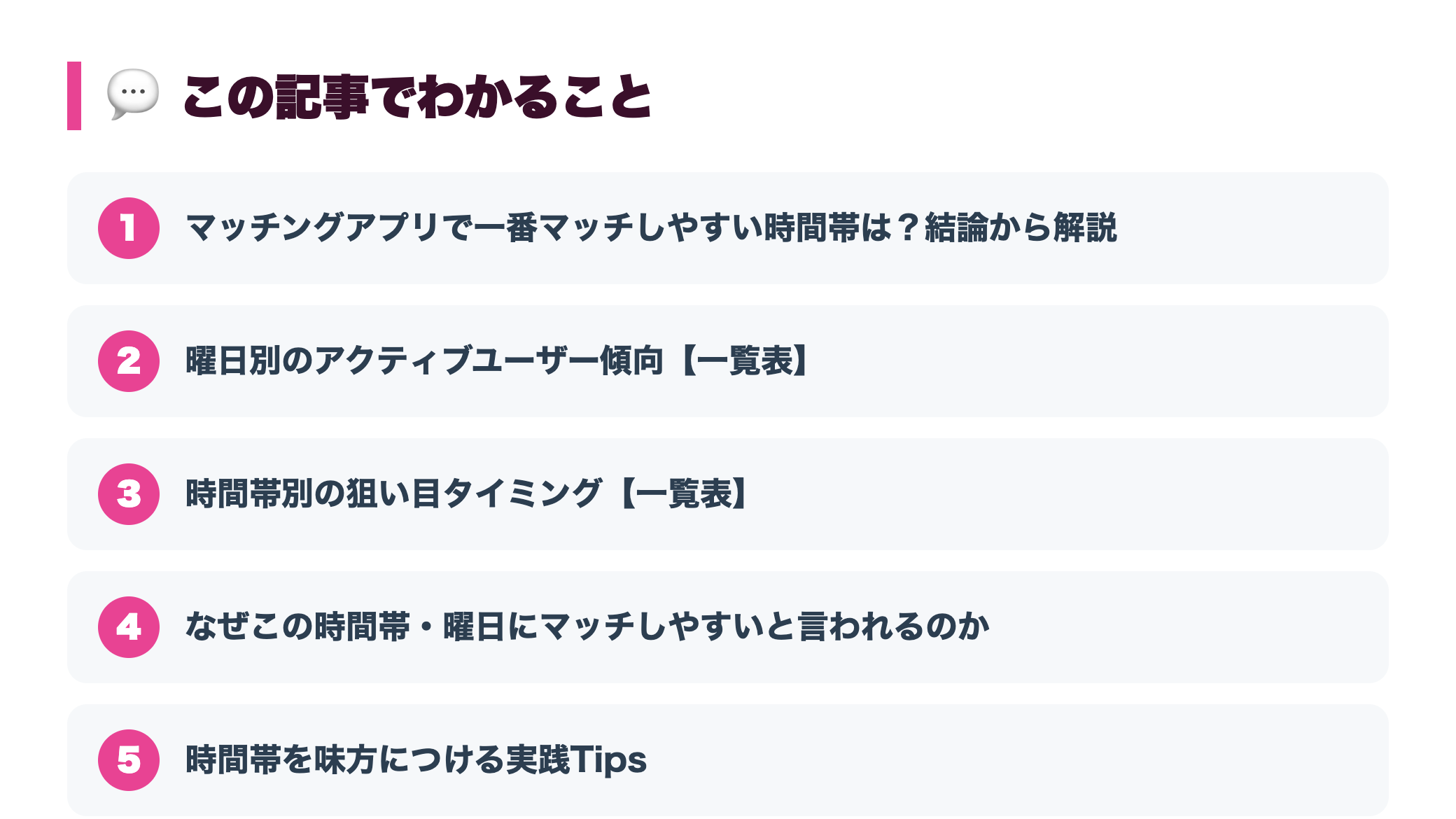 マッチングアプリが一番マッチしやすい時間帯・曜日はいつ？ 『この記事でわかること』図