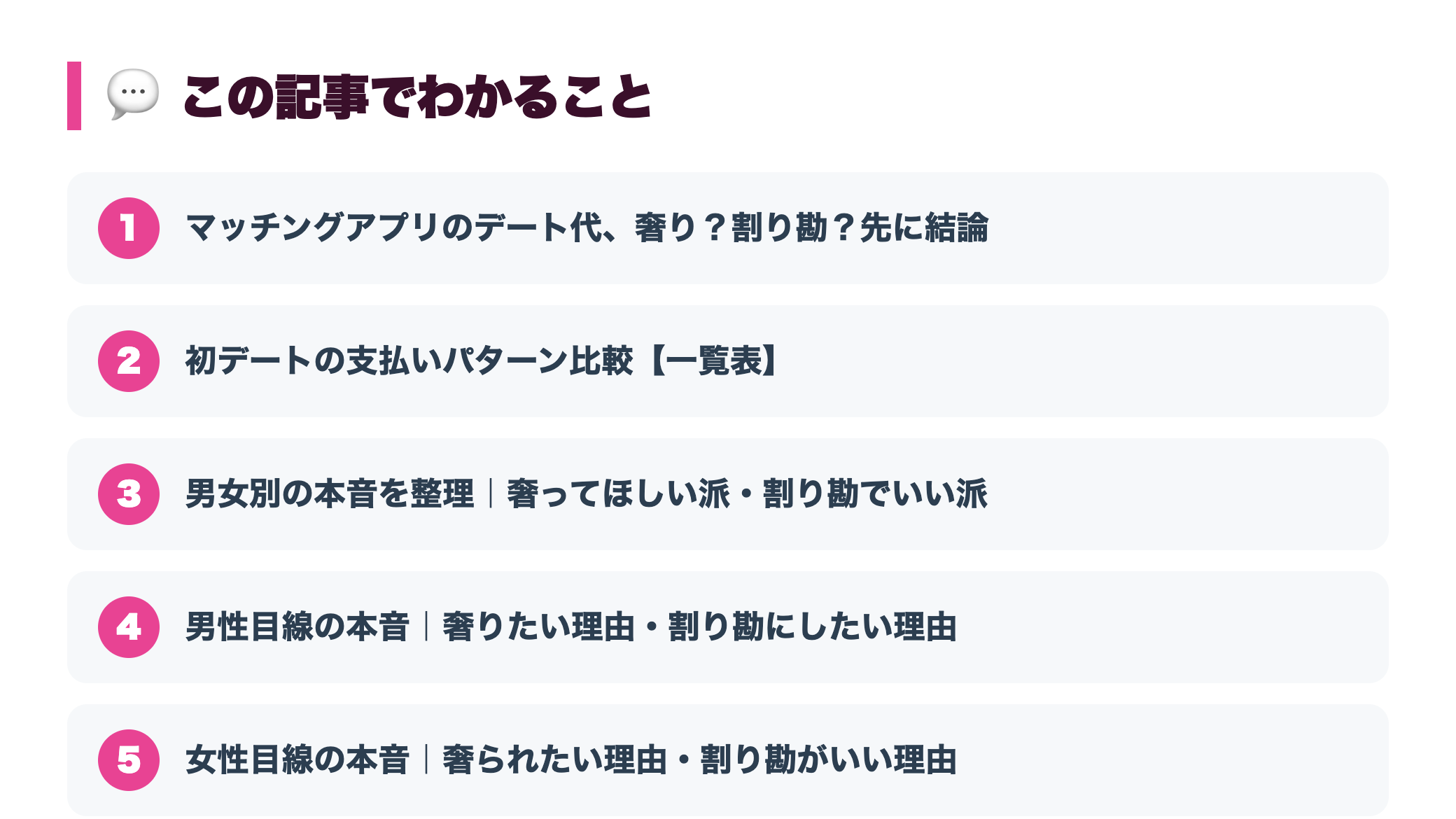 マッチングアプリのデート代は奢り？割り勘？男女別の本音と正しい決め方 『この記事でわかること』図